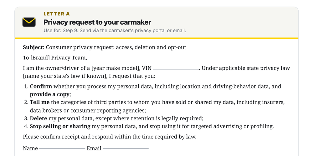 Letter A: privacy request to your carmaker